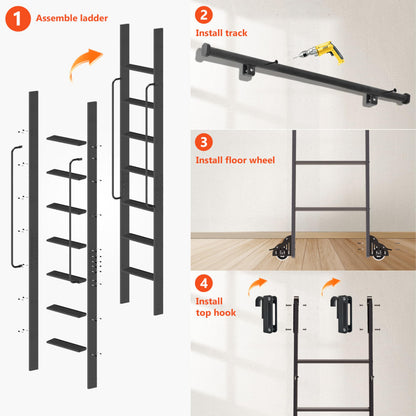 DIYHD 96" Lightweight Sliding Library Ladder with Handrail, Rolling Bookshelf Ladder with 4FT Rail System, Telescopic Top Hook, Upright Space-Saving Storage Design, 8 Steps, 300 Pound Capacity, Black