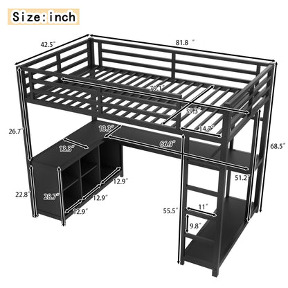 KEIKI Twin XL Metal Loft Bed with L-Shaped Desk and Wardrobe, Heavy Duty Loft Bed Frame with Storage Shelves & Cubes, Space Saving Loft Bed for Kids Teens Adults, Noise Free, Easy Assembly, Black