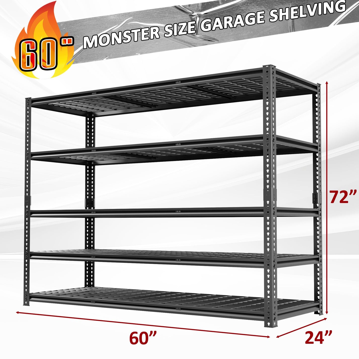 VDEVY 60" W Garage Shelving Heavy Duty, 5-Tier Storage Shelves, 3030LBS Adjustable Metal Shelving Units for Basement, Kitchen, Commercial, Warehouse,Pantry, Black