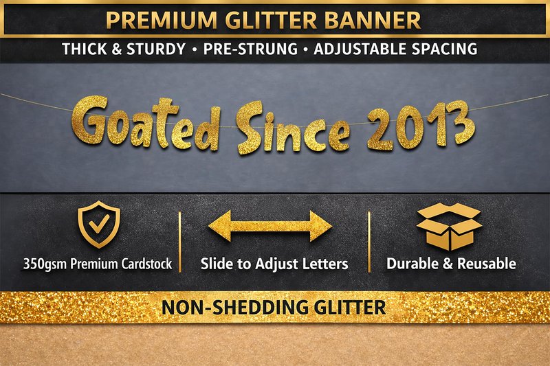 Pre-Strung Goated Since 2013 Gold Glitter Banner - 13th Birthday and Anniversary Decorations for Teen Boys and Girls - Party Supplies and Gifts