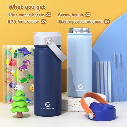 GoKEDA 18oz Kids Water Bottle, 2 Pack Insulated Bottles with Stickers, 18/8 Stainless Steel Vacuum Leak Proof Straw Cup for School, Gifts for Boys(Light Blue, Dark Blue)