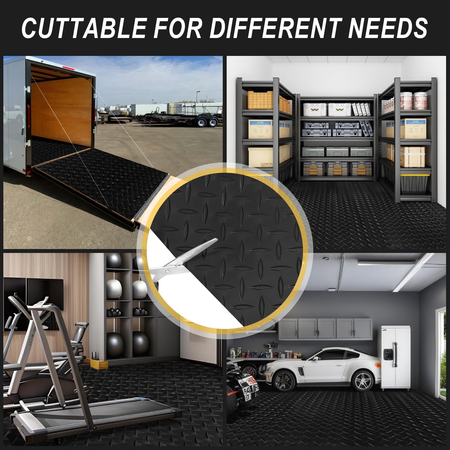 Grandroad auto 10x20 FT Garage Floor Mat, 2.8mm Thickened Flooring Roll for Under Car Diamond Plate PVC Rubber Mat with 20 Pcs Tapes, Non-Slip Floor Mat for Garage, Warehouse, Gyms, Trailer, Black