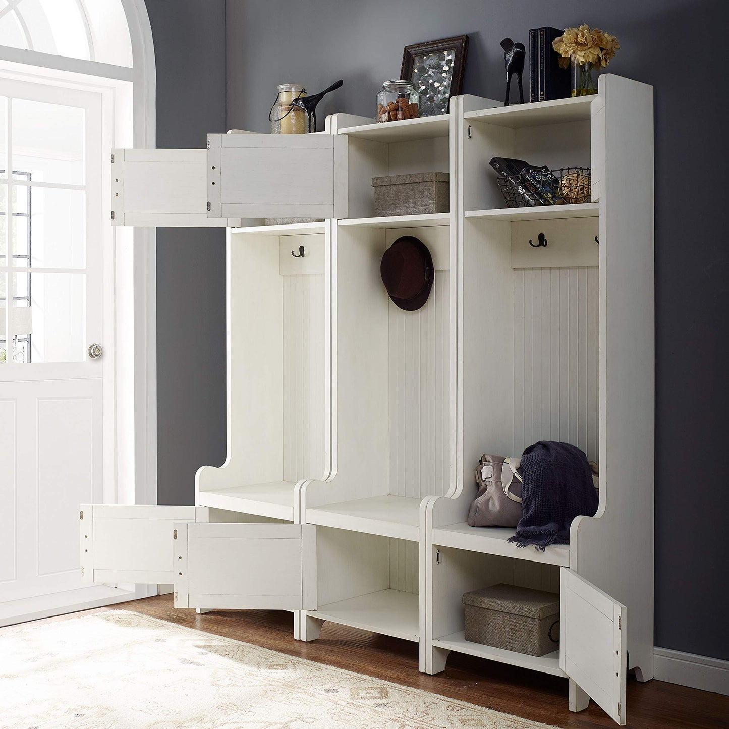 Crosley Furniture Fremont 3-Piece Hall Tree Entryway Set with Storage Cabinets and Coat Rack Hooks, Distressed White