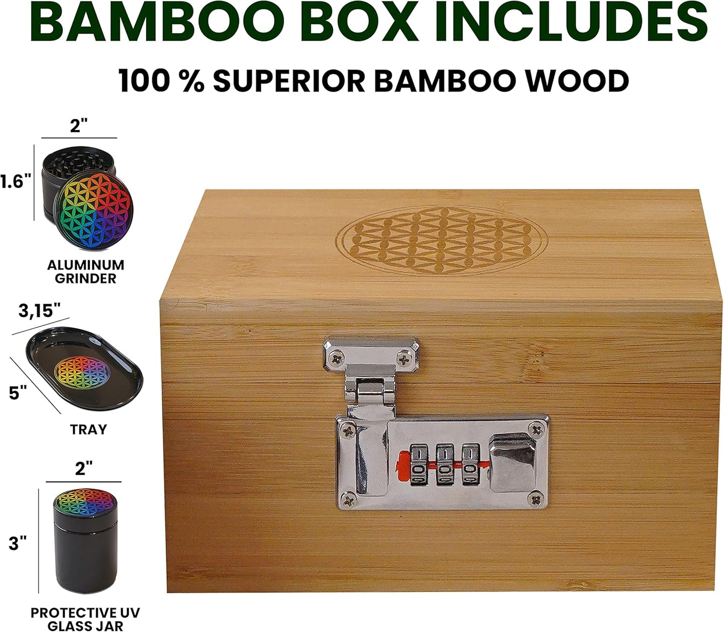 Miracles Bamboo Storage Box - Decorative Box with Lid and Combo Lock for Tea and Spice Storage
