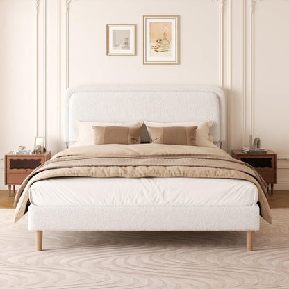 viplov Queen Size Boucle Upholstered Platform Bed Frame with Adjustable Headboard, Soft Cloud Bed, No Box Spring Needed, Noise Free, Easy Assembly, White