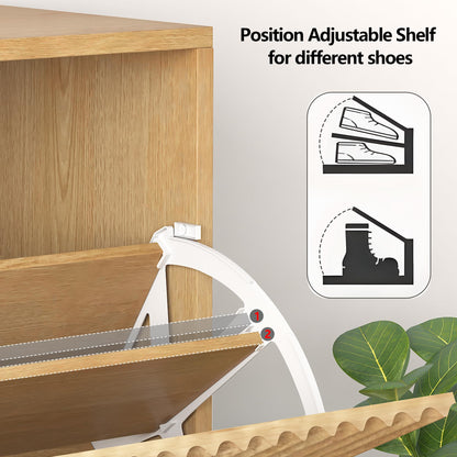 GarveeHome Set of 2 Fluted Shoe Cabinets for Entryway, Slim Freestanding Shoe Storage with Flip Drawers, Open Shelf & Side Hooks, Narrow Shoe Organizer Cabinets for Hallway or Family Entryway, Oak