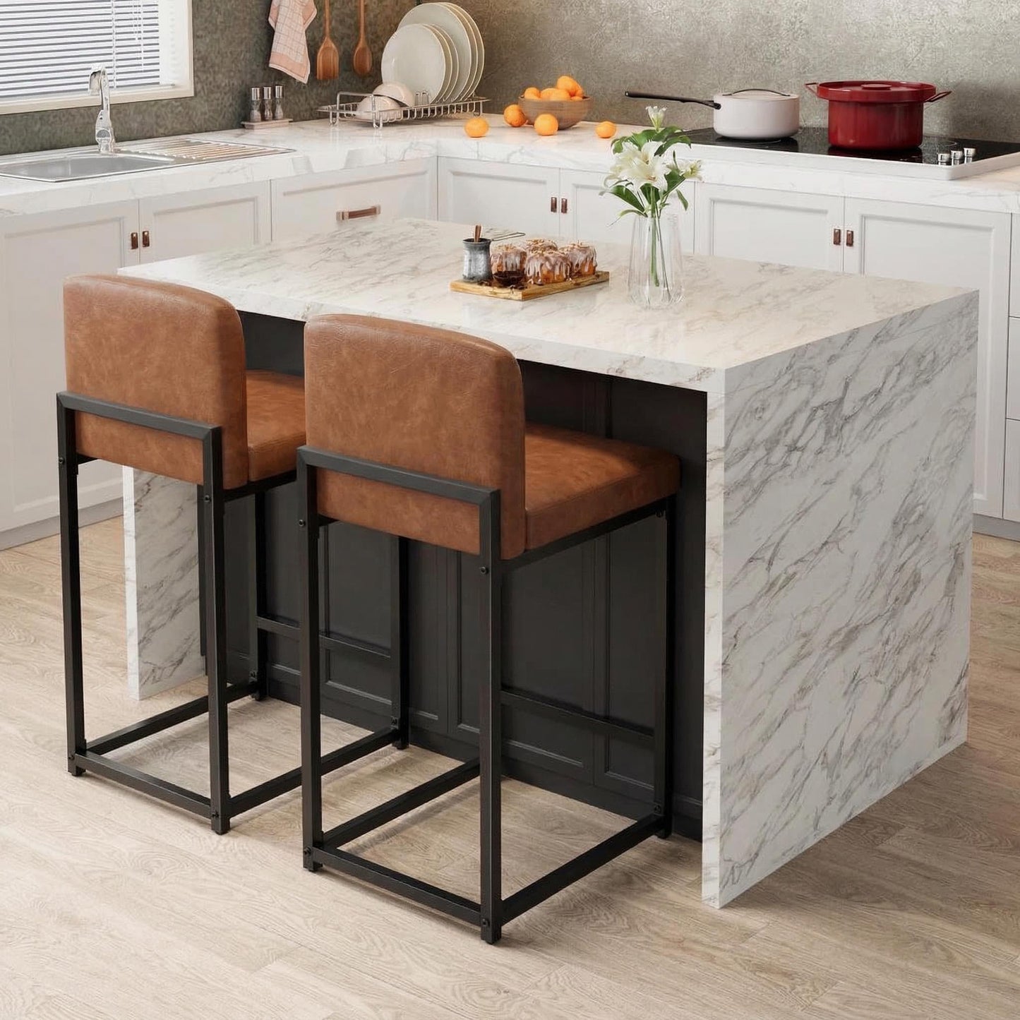 GarveeHome Bar Stools Set of 4, Modern Counter Height Bar Stools with Back and Footrest, Faux Leather Upholstered Barstools Chairs for Kitchen Island Dining Room Bar, Brown
