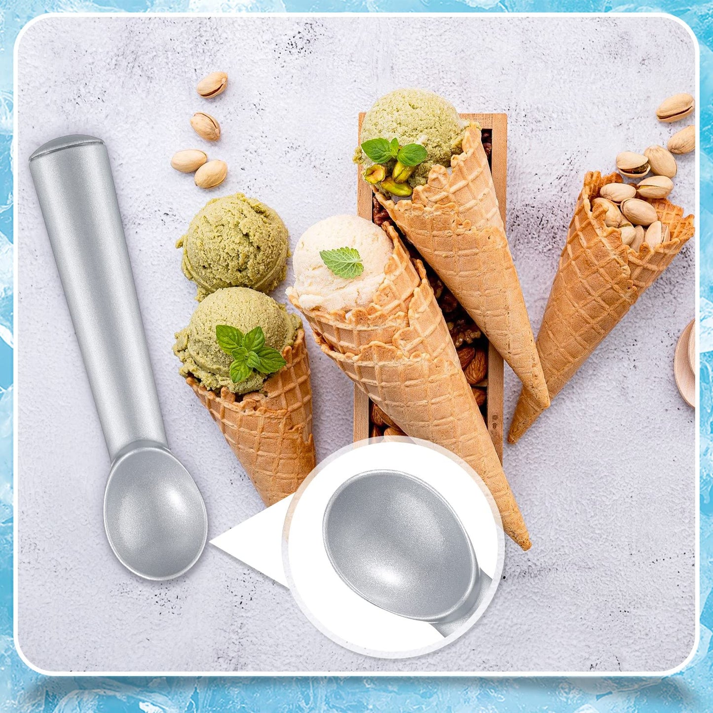Suclain 3 Pieces Ice Cream Scoop 7 Inches Nonstick Anti Freeze Ice Cream Scooper with Comfort Handle Aluminum Alloy Design Professional Ice Cream Scoop Easy Clean for Gelato Cookie Sorbet (Silver)