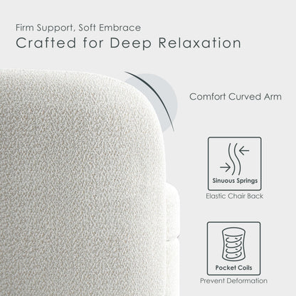 Furniture of America Nimiane Modern Boucle Barrel Chair with Curved Arms and Wooden Legs, Fabric Upholstered Armchair, Comfy Sofa Chair for Living Room, Bedroom, Home Office, Off-White