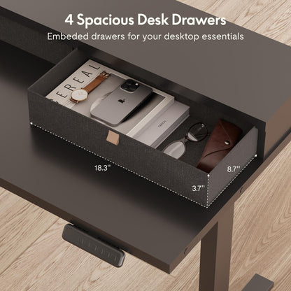 FLEXISPOT 63" L Shaped Standing Desk Electric Corner Table with Monitor Shelf, 4 Storage Drawers, Adjustable Computer Workstation for Home, Office, Game, Studio, Black Top + Black Frame