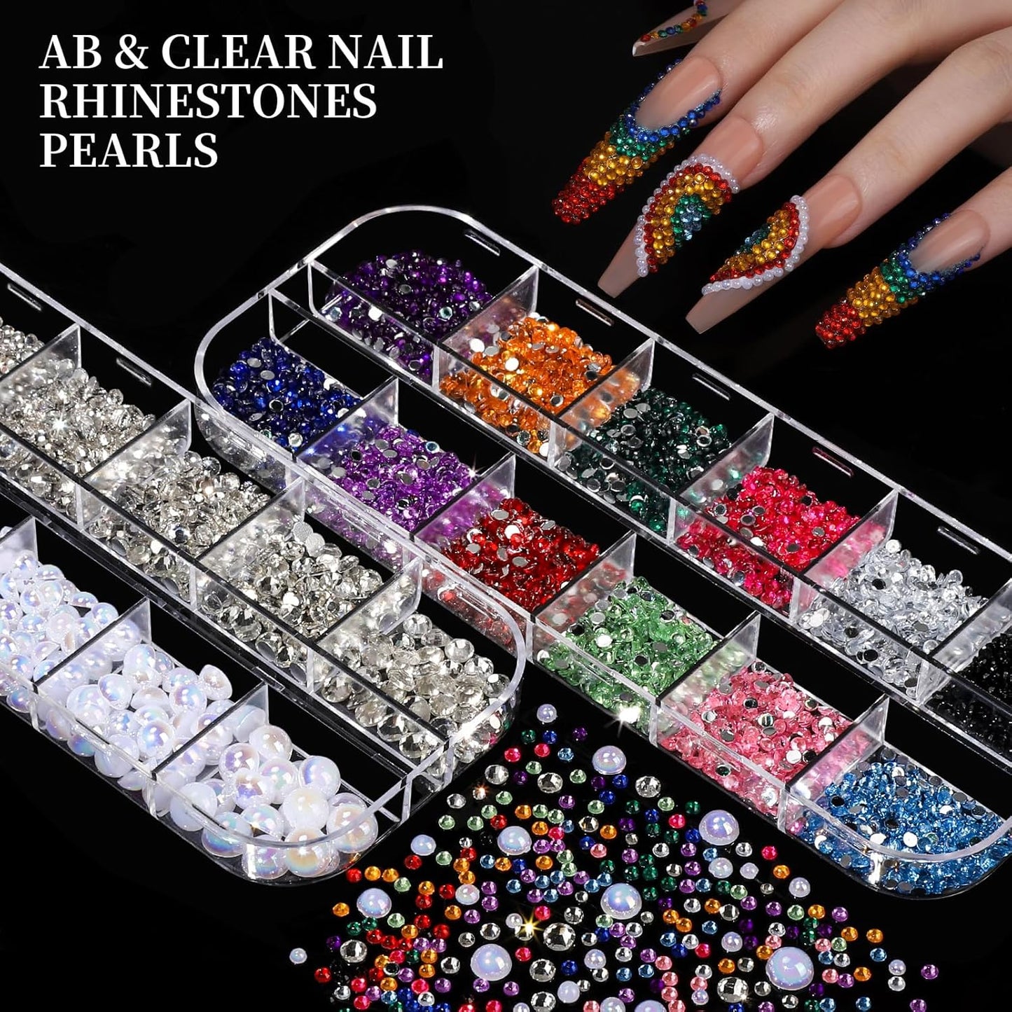 FANDAMEI Nail Charms, Nail Rhinestones Kit with 8 Boxes of Nail Gems, 3D Charms for Nails, Colorful Clear Flatback Rhinestones, Multi Shape Pearls Jewels Crystals for Craft