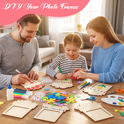 Bafeil 24 Pcs DIY Wooden Picture Frame Craft Kit, Mother's Day Flower Photo Frame Magnets to Paint, Unfinished Wood Frames with Color Pens, Gem Stickers & EVA Foam Shapes, Handmade Gift Set