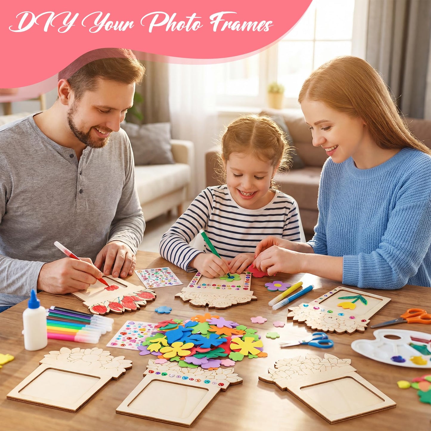 Bafeil 24 Pcs DIY Wooden Picture Frame Craft Kit, Mother's Day Flower Photo Frame Magnets to Paint, Unfinished Wood Frames with Color Pens, Gem Stickers & EVA Foam Shapes, Handmade Gift Set