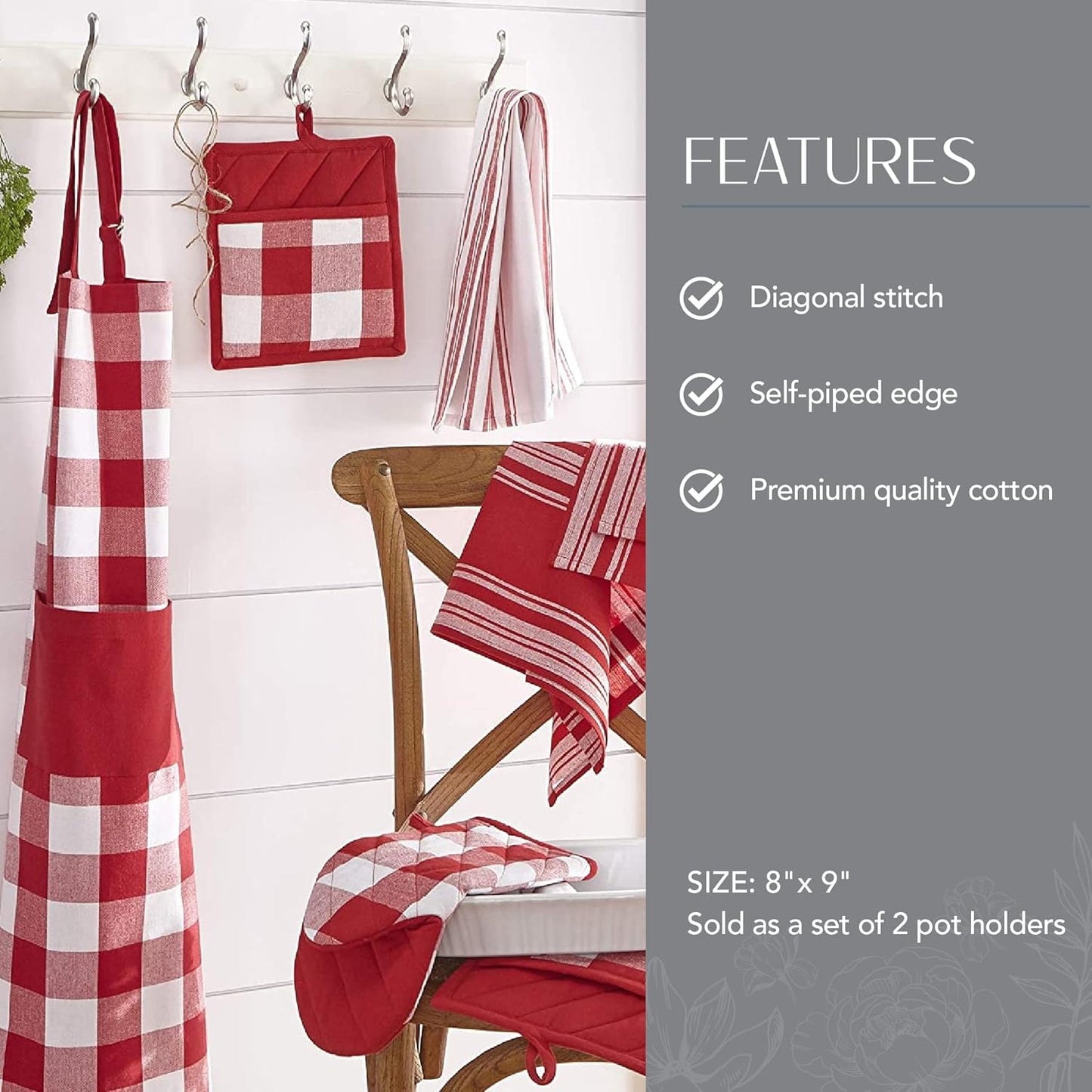 Elrene Home Fashions Farmhouse Living Buffalo-Check Pot-Holder Set, Rustic Kitchen Pot Holders, Set of 2, Red/White