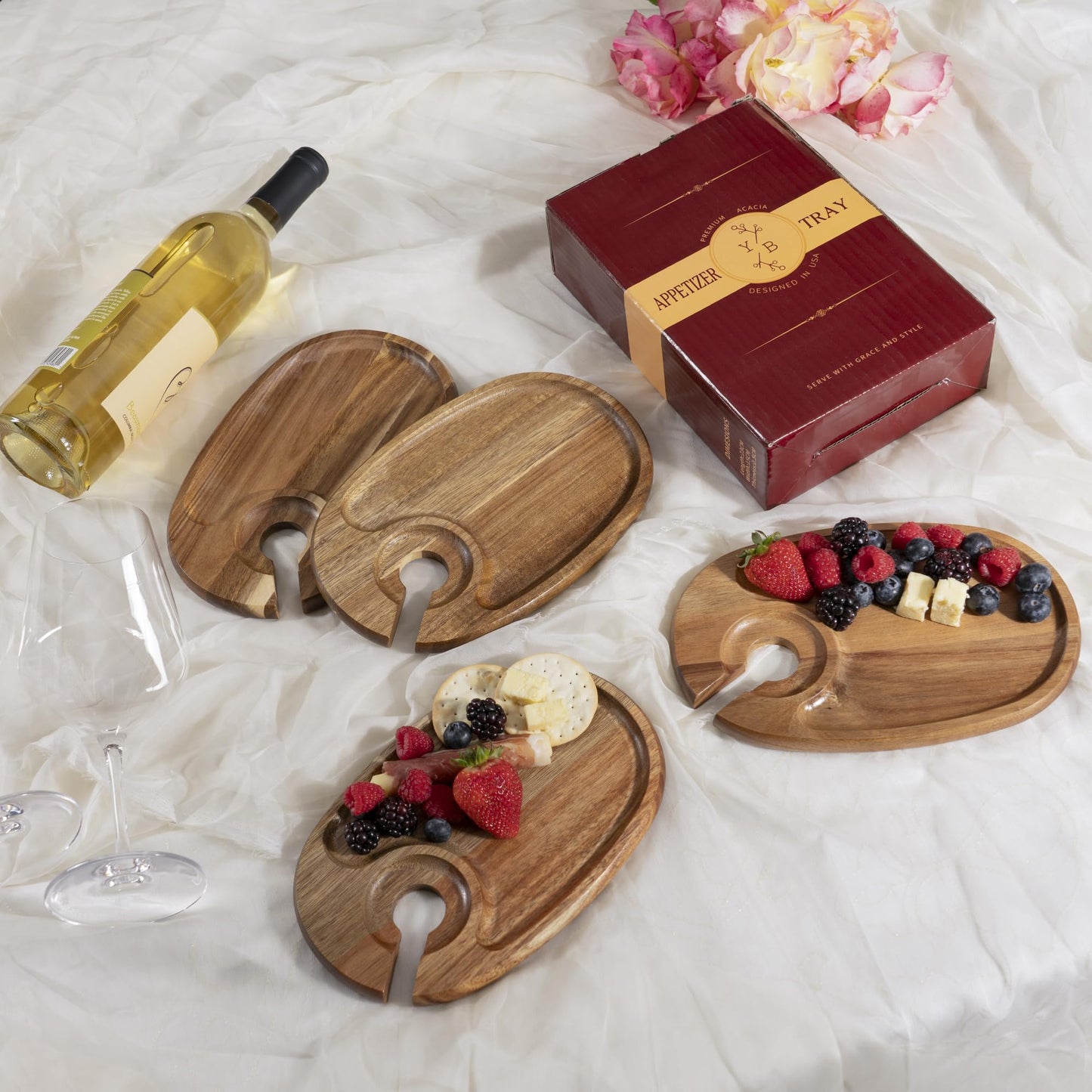YEWBEE Wine Glass Holder Plates – Acacia Wooden Appetizer & Snack Plates for Party, Wine & Cheese Mini Charcuterie Boards, Set of 4 – Great Gift for Wine Lovers