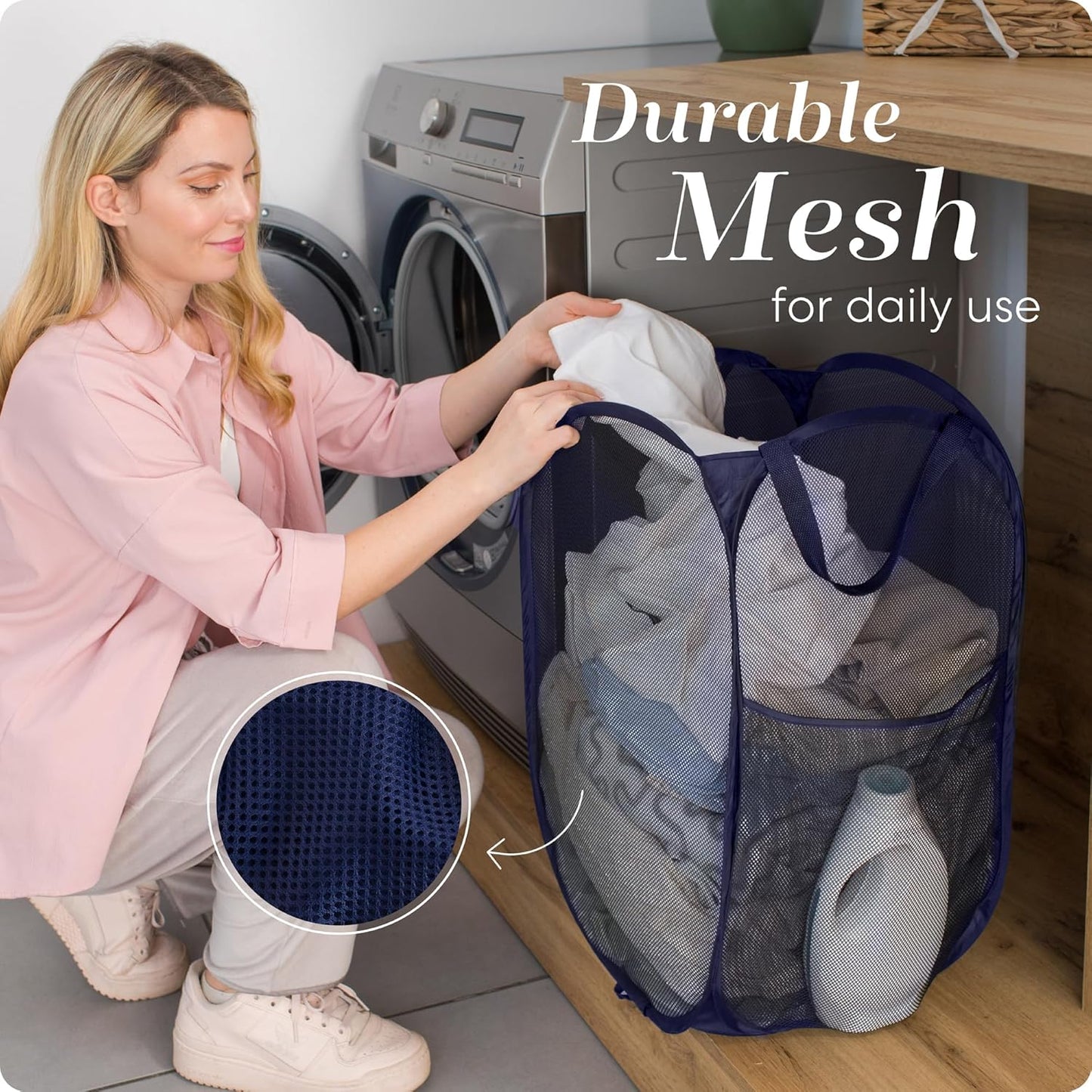 Handy Laundry Collapsible Mesh Pop Up Hamper - Wide Opening with Side Pocket, Breathable, Sturdy, Foldable,