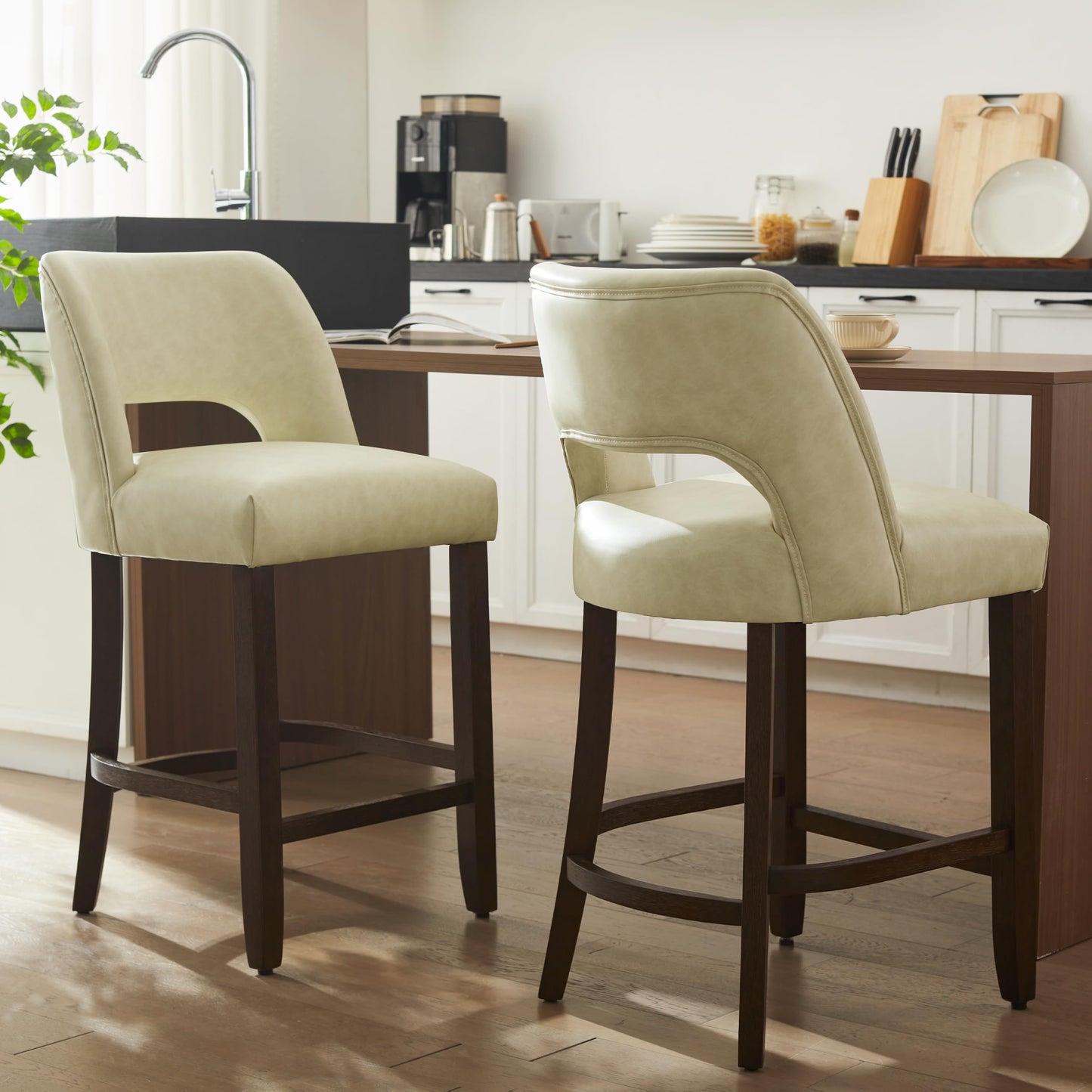 VKNOW 26" Bar Stools Set of 4, Faux Leather Counter Height Bar Stools with Backrest and Rubberwood Legs, Upholstered Barstools for Kitchen Island, Bar and Dining Room, Beige