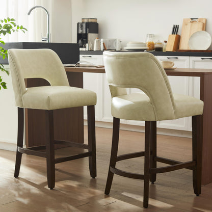 VKNOW 26" Bar Stools Set of 4, Faux Leather Counter Height Bar Stools with Backrest and Rubberwood Legs, Upholstered Barstools for Kitchen Island, Bar and Dining Room, Beige