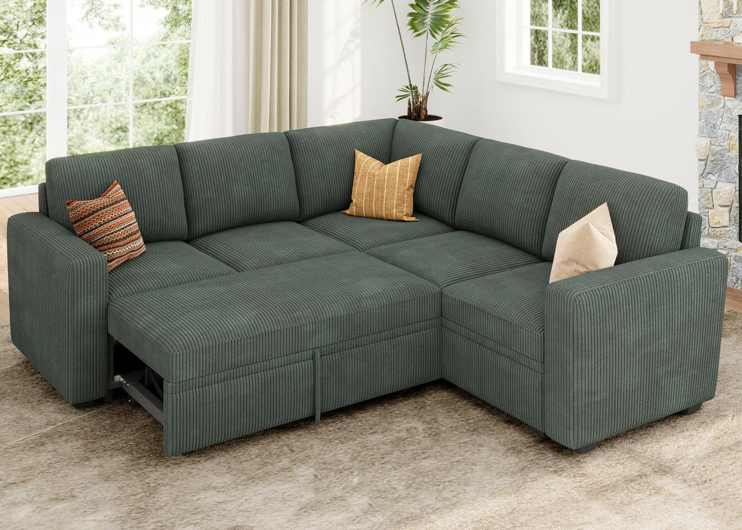 HONBAY Modular Sectional Sleeper Sofa with Pull Out Bed, Corduroy L Shaped Couch with Storage, Sectional Couches for Living Room, Green