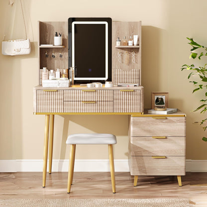 KEIKI 7-Drawer Vanity Desk with LED Mirror & Carved Details, Fluted Makeup Vanity Set with Metal Legs and PU Stool, Dressing Table with Jewelry Storage & 3 Lighting Colors for Bedroom, Yellow Brown