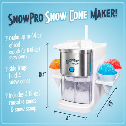 Nostalgia Snow Pro Electric Snow Cone Machine with 64 oz Capacity - Slushie Machine with 4 Reusable Cones, Side Shelves & Ice Scoop - Snow Cone Machine for Family Treats & Refreshing Desserts - White