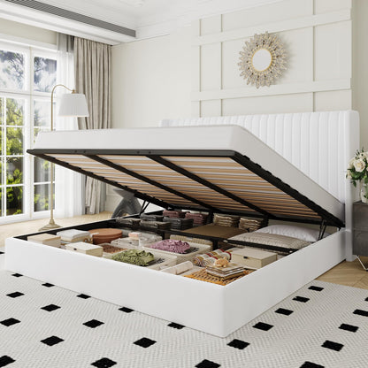 Allewie King Size Lift Up Storage Bed Frame, Hydraulic Support System, Upholstered Platform Bed Frame, Underneath Storage, Vertical Channel Tufted Headboard with Wingback, No Box Spring Needed, White