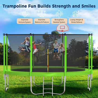 Tatub 12FT Trampoline for Kids and Adults, Outdoor Recreational Trampolines with Basketball Hoop & Enclosure Net, Green