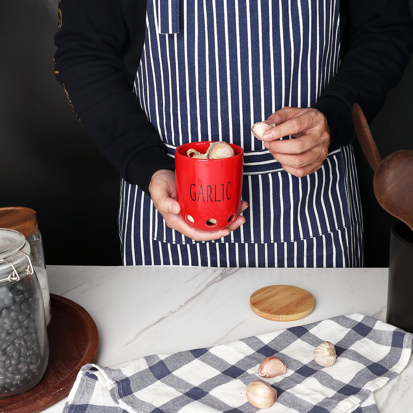 HAOTOP Ceramic Garlic Keeper for Counter, Garlic Saver Container with Wood Lid, Garlic Keeper for Kitchen, Garlic Holder to Keep Your Garlic Cloves Fresh Longer (Red)