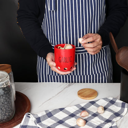 HAOTOP Ceramic Garlic Keeper for Counter, Garlic Saver Container with Wood Lid, Garlic Keeper for Kitchen, Garlic Holder to Keep Your Garlic Cloves Fresh Longer (Red)