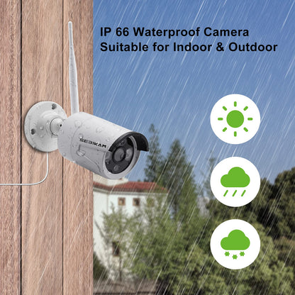 SEBIKAM 2K Wireless Security Camera System Outdoor with 10.1" Monitor, 4pcs 3MP Wired Plug-in Powered Cameras 2-Way Audio, No Monthly Fees, Night Vision, Motion Detection Surveillance (No Hard Drive)