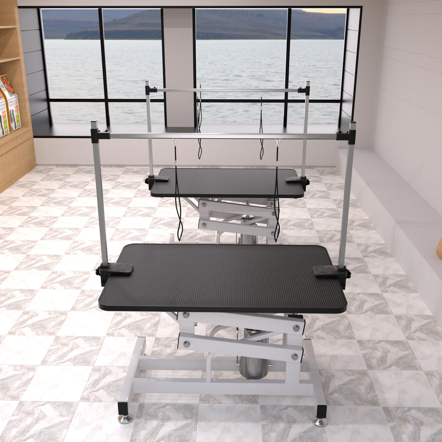 GDFStudio 42.5" Hydraulic Dog Grooming Table with Adjustable Arm & Noose, Heavy Duty Z-Lift Pet Grooming Table for Dogs at Home, Height Adjustable 21" to 36", 330LBS Capacity, White+Black