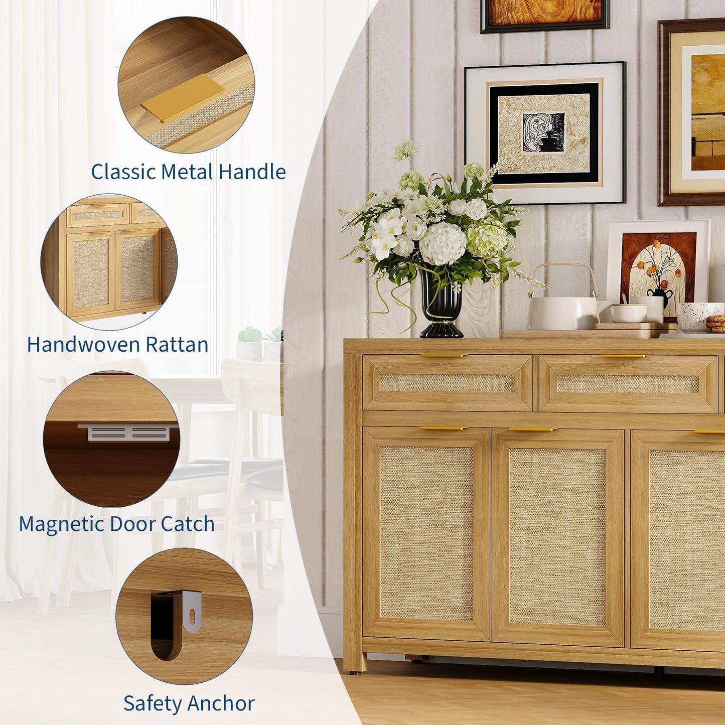 IDEALHOUSE Kitchen Sideboard Buffet Cabinet with Storage, 63in Large Farmhouse Wood Coffee Bar Credenza Cabinet with 3 Drawers and 4 Doors Adjustable Shelves for Living Room, Light Oak