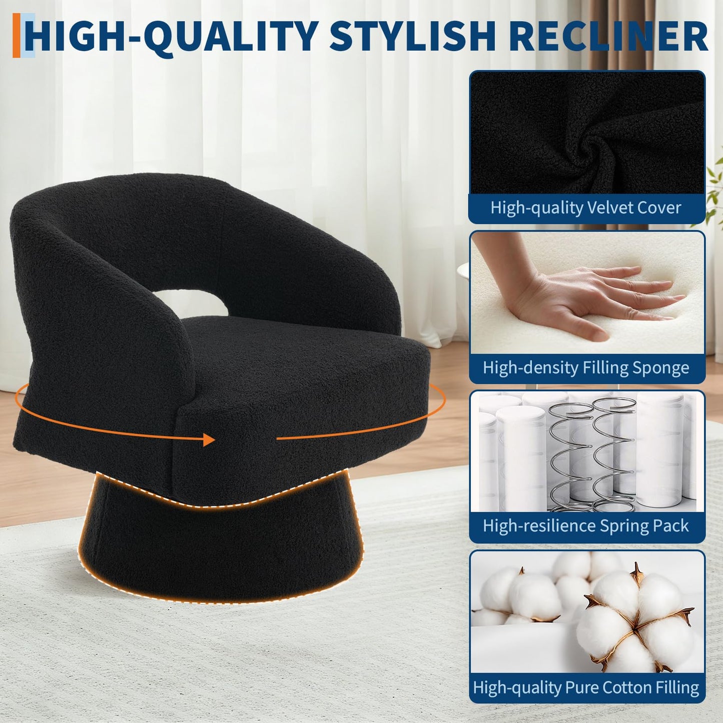 IDEALHOUSE Modern Swivel Accent Chairs Set of 2, Oversized Teddy Barrel Chairs, 360° Thickened Soft Cushion Rotating Round Arm Chairs for Living Room, Bedroom, Reading Nook, Black