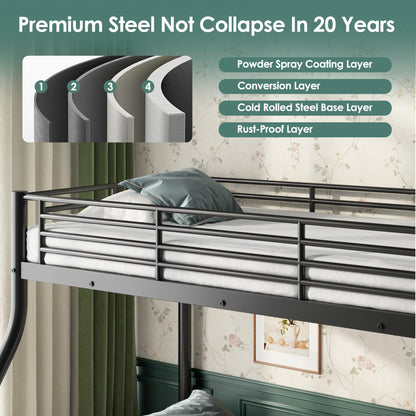 Cyranture Twin XL Over Queen Bunk Bed Size, Heavy Duty Bunk Beds with Bottom Space & Guardrail Metal Bunk Bed Frame for Adults Dorm Bedroom Guest Room, No Box Spring Needed（Upgrate Black）