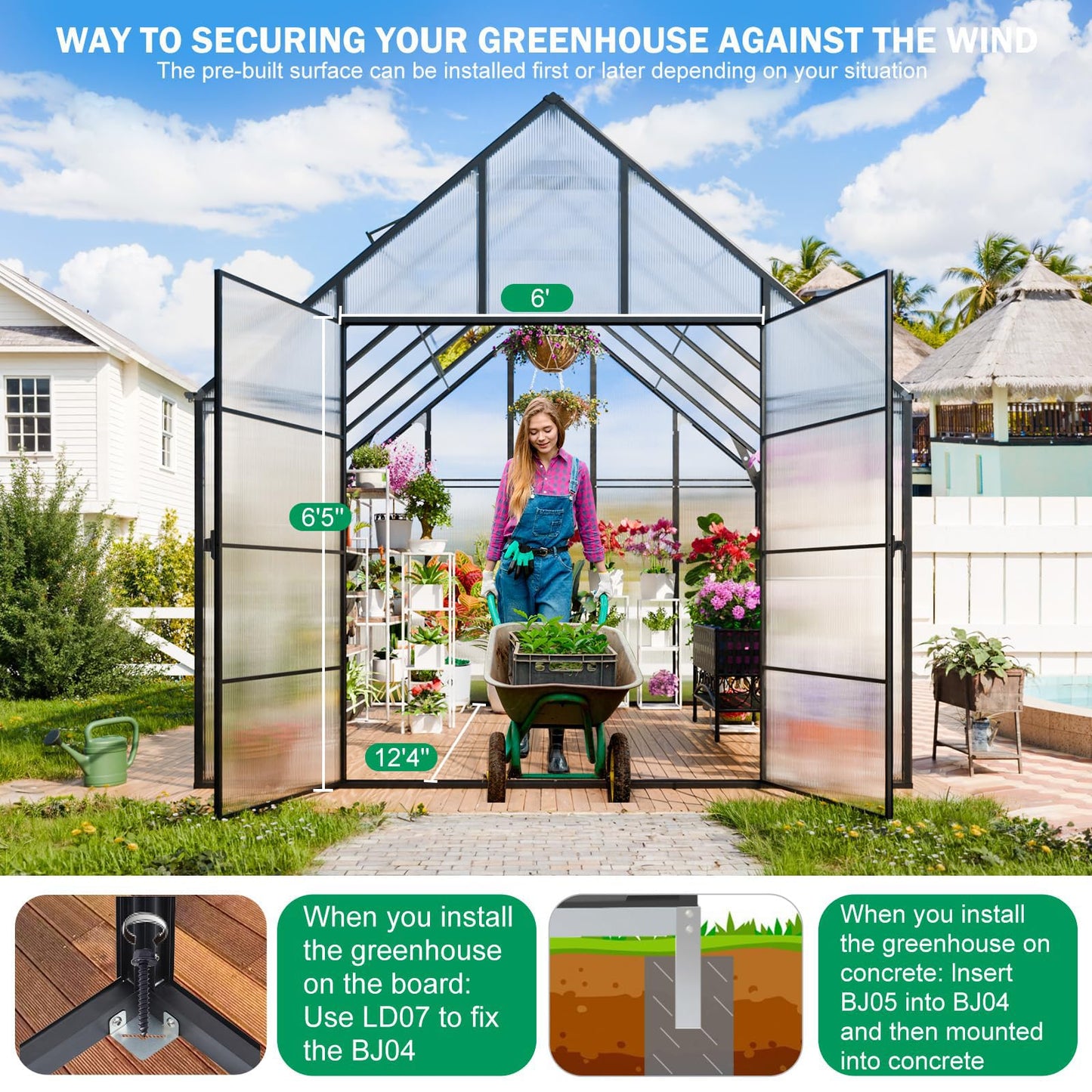 CDCASA 12x10x10 FT Greenhouse for Outdoors, Easy Assembly Large Aluminum Heavy Duty Polycarbonate Greenhouses Kit w/2 Windows, Swing Door, Outsides Walk-in Green House Sunroom for Backyard Garden