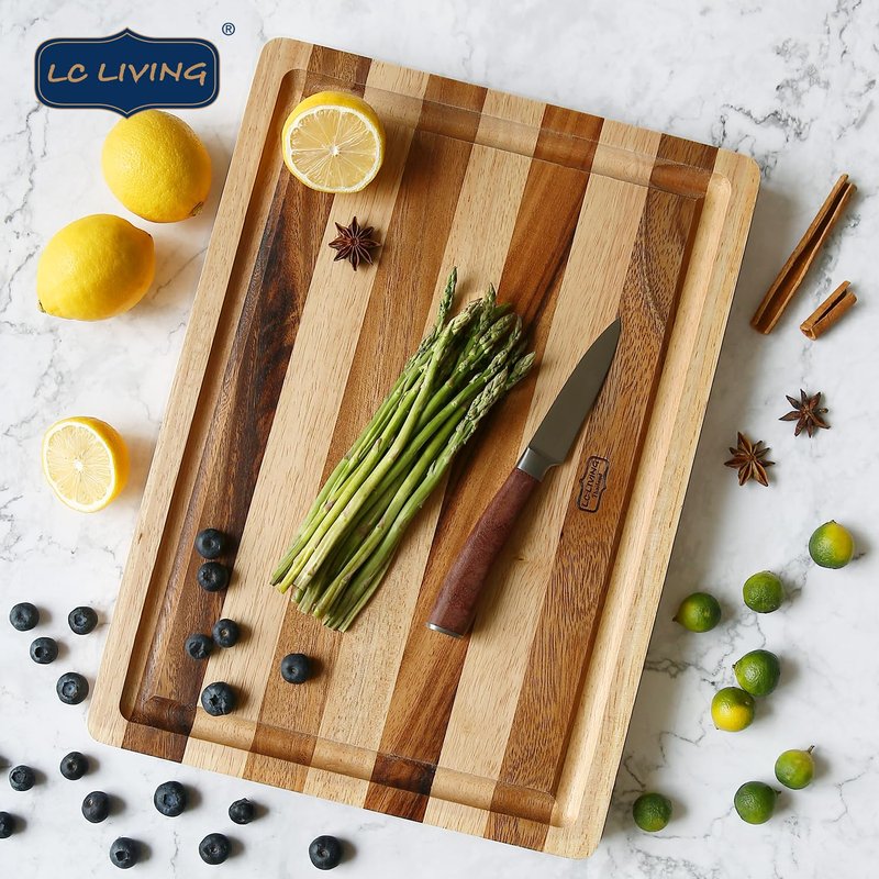 Thai End Grain Acacia Wood Striped Rectangular Butcher Board with Groove, best for chopping serving butcher board, prep station, kitchen deco, cheese, meat, bread, veggies & fruits, 19"x14"