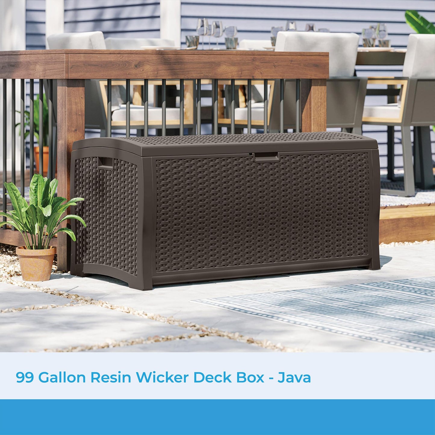 Suncast DBW9200 99 Gallon Outdoor Wicker resin Patio Storage Chest Bin with Handles for Patio, Garden, Garage, or Pool for All Weather, Mocha
