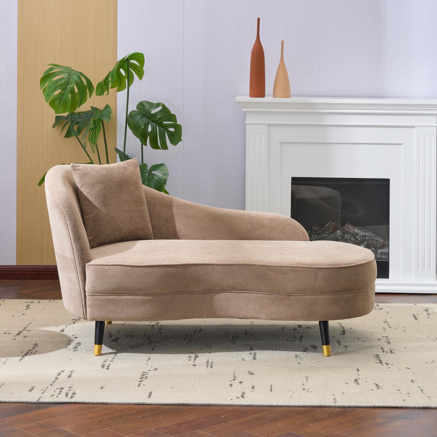 Christopher Knight Home Harlow Velvet Upholstered Chaise Lounge Chair Indoor, Wooden Chaise Lounge Sofa with Accent Pillow, Living Room Lounge Chair with Left Armrest, Camel
