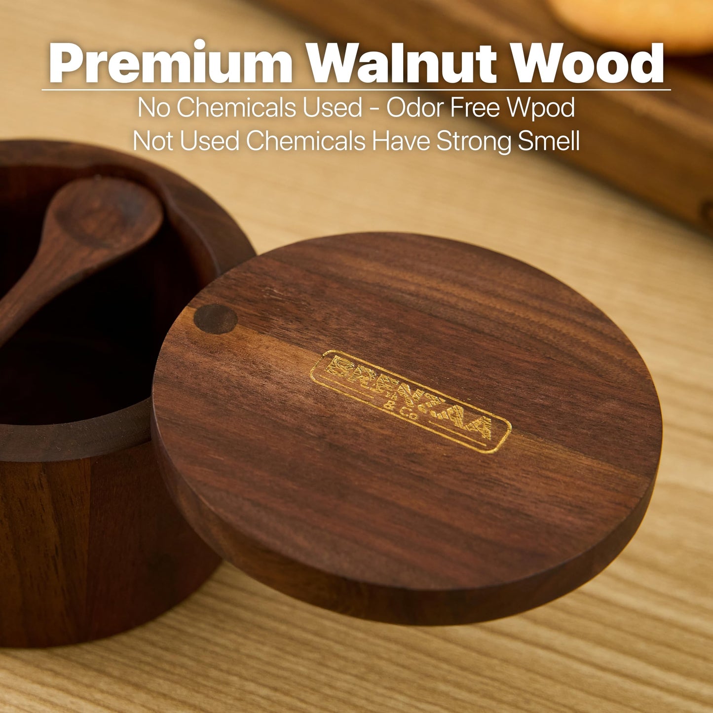 BRENZAA Walnut Wood Salt Cellar With Built in Spoon & Magnetic Swivel Lid, Spice Organizer for Salt, Herbs & Seasonings Storage Box – Kitchen Counter Storage & Gift