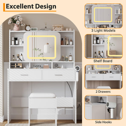 GOCAPTAIN Vanity Desk Makeup Vanity Table with Slides Mirror LED Lights 3 Intensities, Dressing Table Set with Stool, 5 Storage Shelves 2 Drawers, Plugboard and Hanger, 15.8" x 39.4" x 54.3"