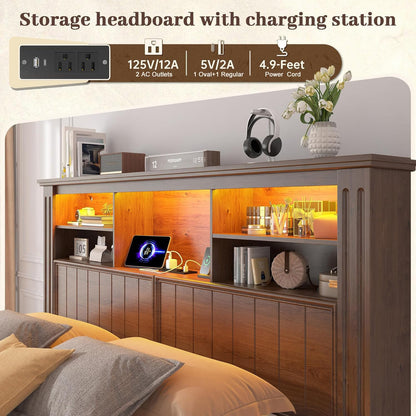 EnHomee King Size Bed Frame with 4 Storage Drawers and Headboard,LED Lights & Charging Ports,No Box Spring Needed for Big House,Noise-Free,Wooden,Brown