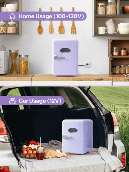 Mini Fridge With Handle, Small Fridge Rapid Cooling 4 Liter/6 Cans Skincare Fridge, Cooler and Warmer Refrigerators for Bedroom, Cosmetics, Office and Car (Retro, Purple)