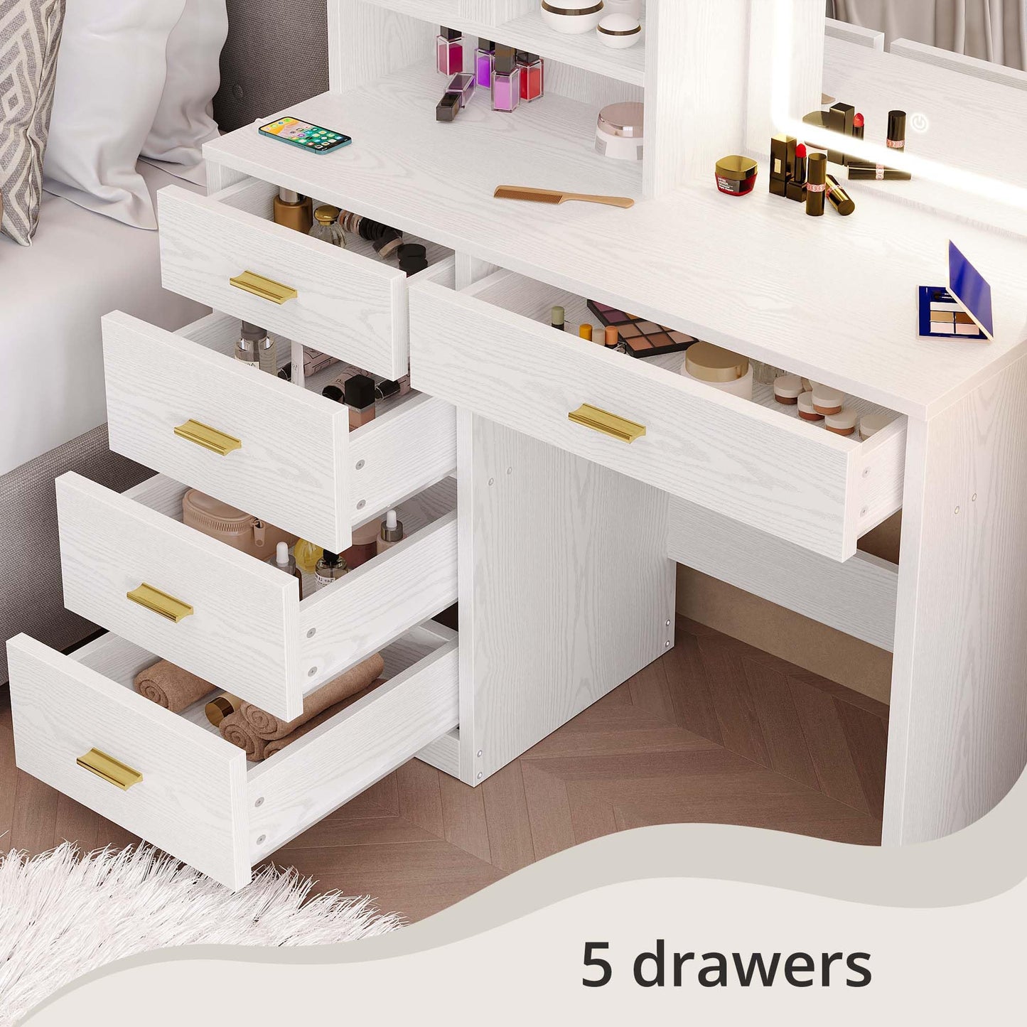 IRONCK Vanity Desk with Lighted Mirror and 5 Drawers and Cabinet Shelves, 74.4" Height Makeup Table Set with Stool, Large Storage and Space Saving, White