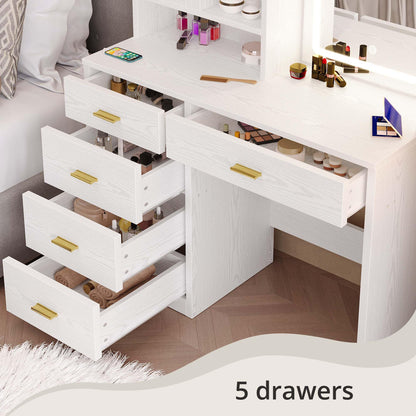 IRONCK Vanity Desk with Lighted Mirror and 5 Drawers and Cabinet Shelves, 74.4" Height Makeup Table Set with Stool, Large Storage and Space Saving, White
