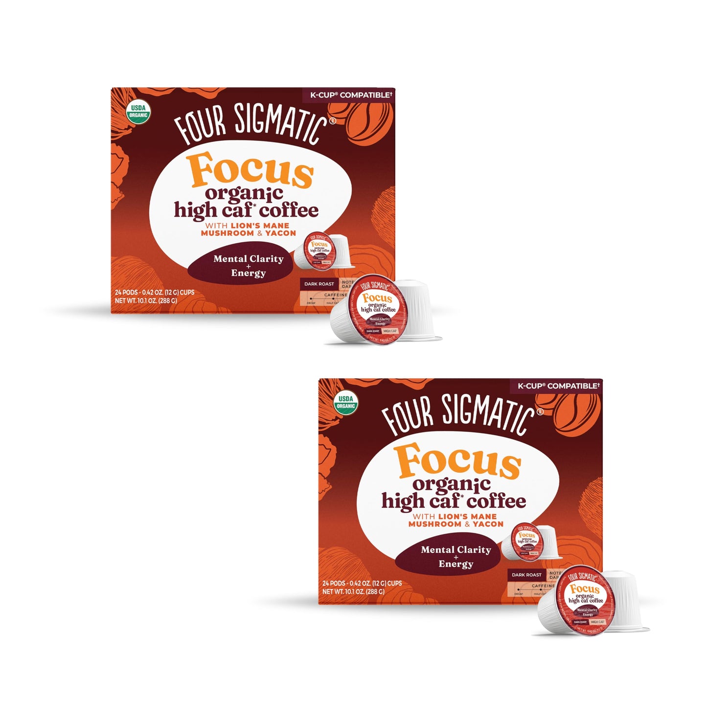 Four Sigmatic High Caffeine Mushroom Coffee K-Cups | Organic Dark Roast Coffee with Lion’s Mane & Yacon | Focus & Immune Support | Vegan & Keto | Sustainable Pods | 48 Count