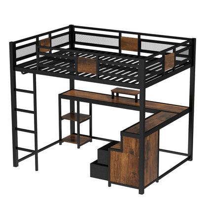 Bellemave Queen Size Loft Bed with Desk and Storage Drawers, Queen Loft Bed Frame with Computer Monitor Stand, Corner Shelf and Hanger Rod, Adults Loft Beds Frame, Black