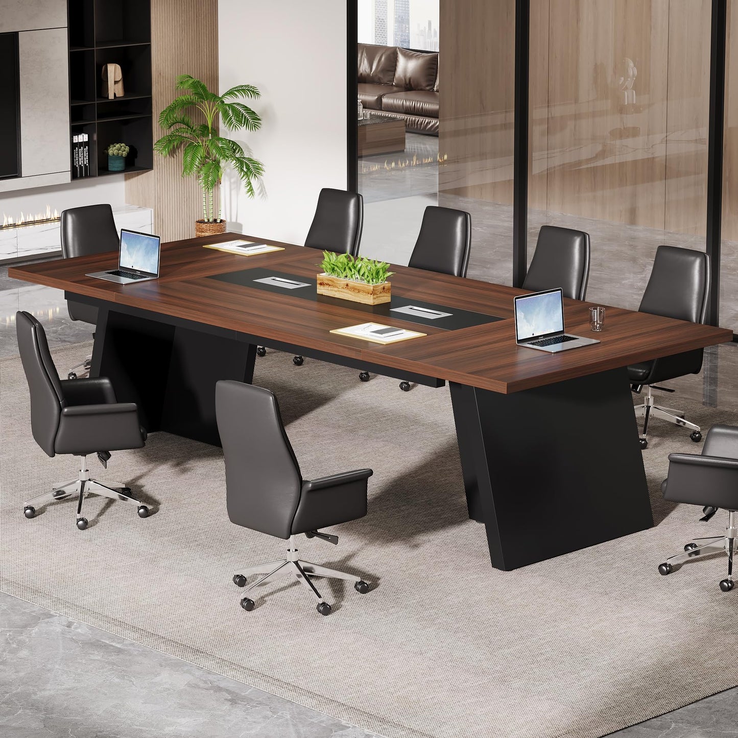 Tribesigns 8ft Conference Table, Large Meeting Table for 8-10 People, Business Seminar Furniture for Office Conference Room, Walnut & Black (4, Walnu+ Black)