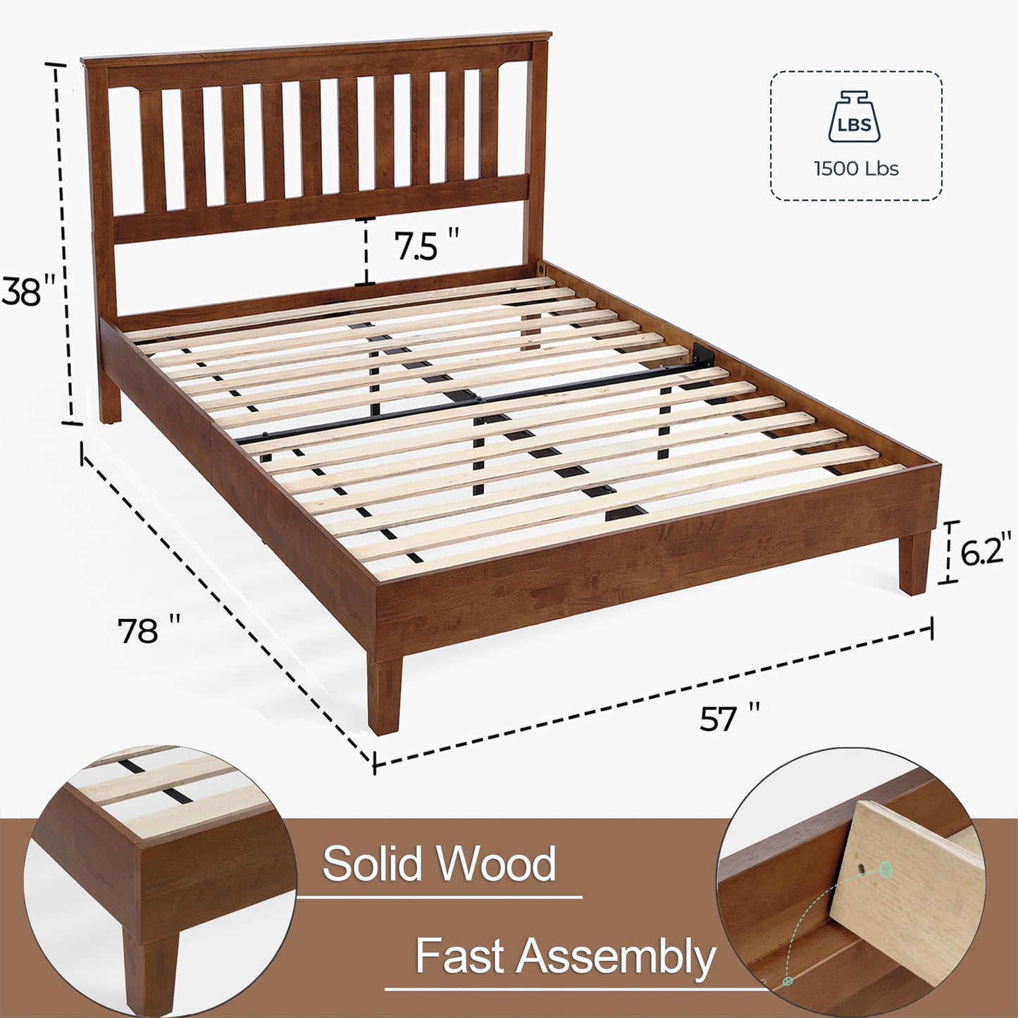 LINSY Solid Wood Bed Frame, Full Bed Frames Wooden Platform Frame with Headboard and Slat Bases, Mid Century Modern Bedframe No Box Spring Needed, Easy Assembly, Antique Walnut
