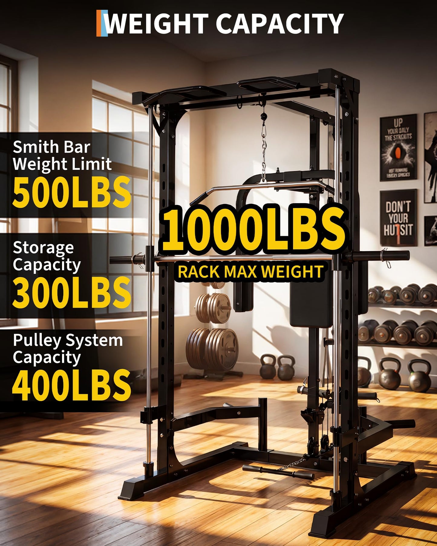 Garvee Smith Machine Home Gym, 1000 LB Power Cage Squat Rack with LAT Pulldown System, Chest Station & More Training Attachment, Multi-Functional Fitness Equipment for Full-Body Training, Black