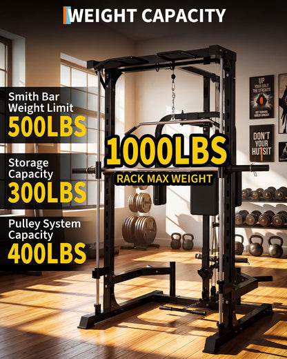 Garvee Smith Machine Home Gym, 1000 LB Power Cage Squat Rack with LAT Pulldown System, Chest Station & More Training Attachment, Multi-Functional Fitness Equipment for Full-Body Training, Black